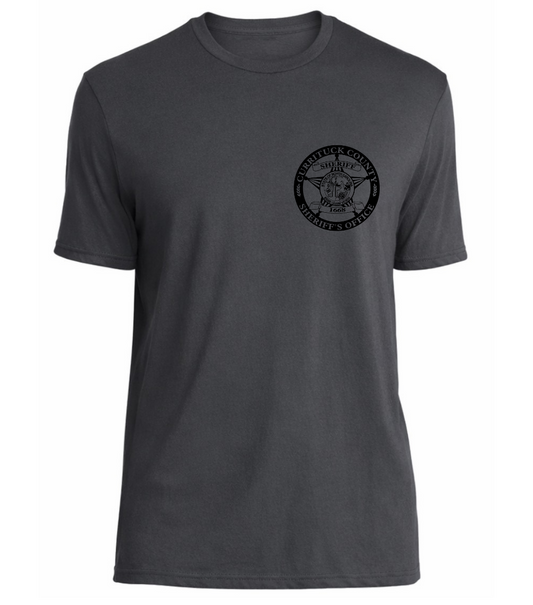 Charcoal Grey short sleeve t-shirt w/ front chest logo and back print