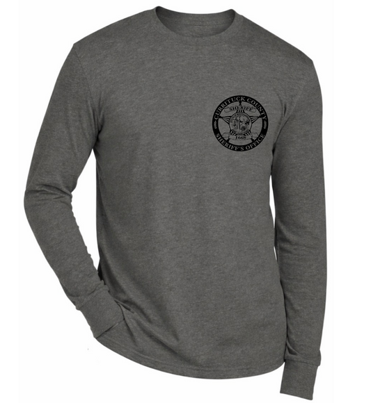 Heathered Charcoal long sleeve tee with full color graphics