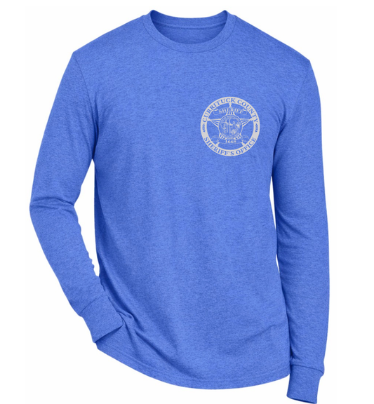 Heathered Royal long sleeve tee with full color graphics